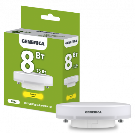 Лампа светодиодная T80 таблетка 8Вт 230В 3000К GX53 GENERICA – №1
