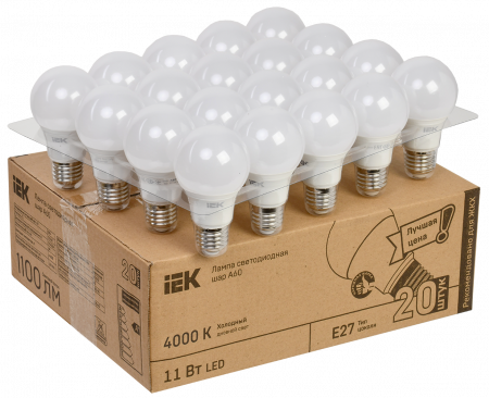 Лампа светодиодная A60 шар 11Вт 230В 4000К E27 (20шт/жкхпак) IEK – №1