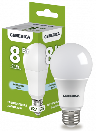 Лампа светодиодная A60 груша 8Вт 230В 6500К E27 GENERICA – №1